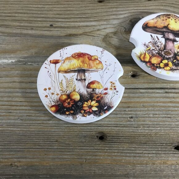 Woodland Mushroom and Flowers Set of 2 Car Coasters - Picture 2 of 5